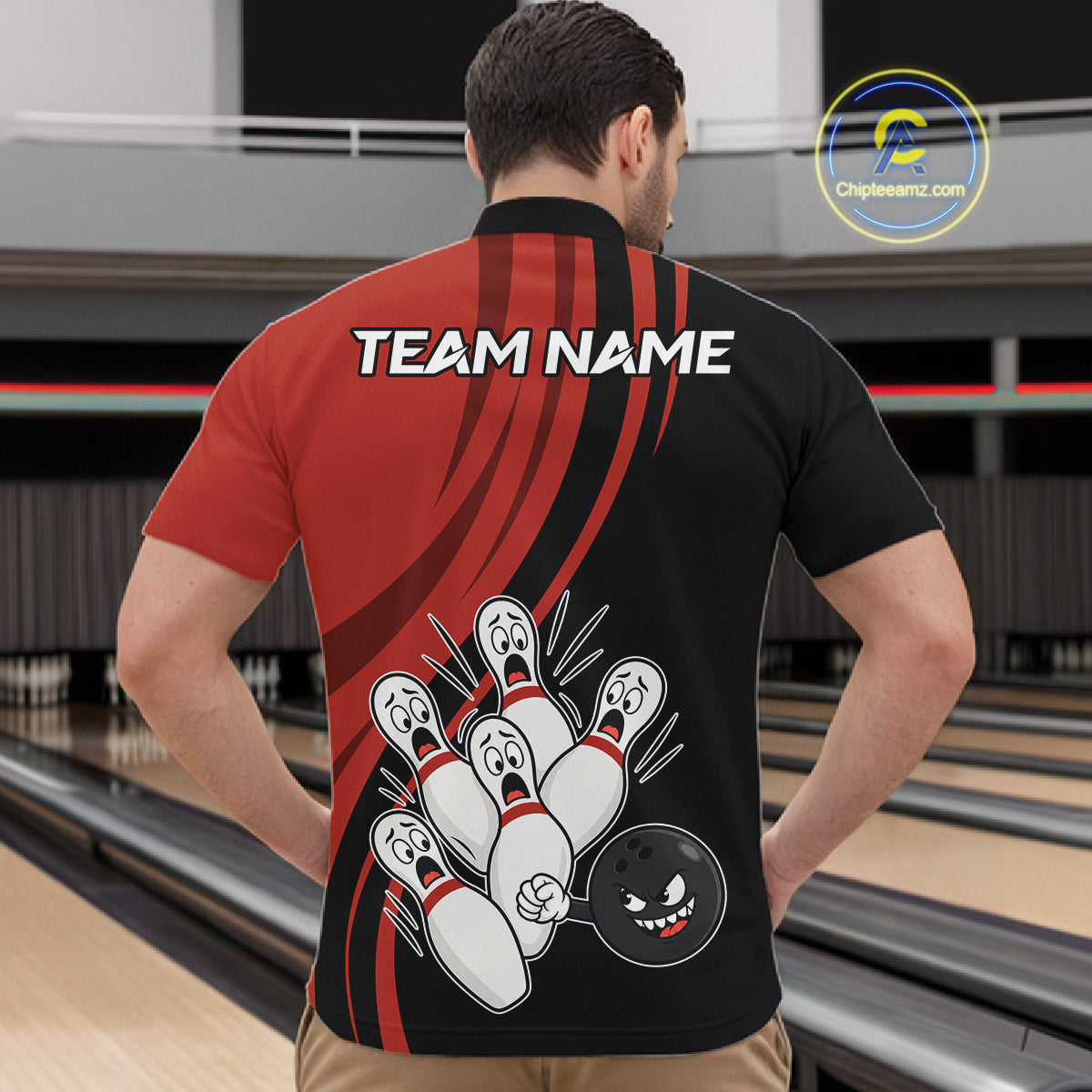 Funny Bowling Ball And Pins Black And Red Bowling Jersey For Men Custom Bowling League Team Shirts TDM7593