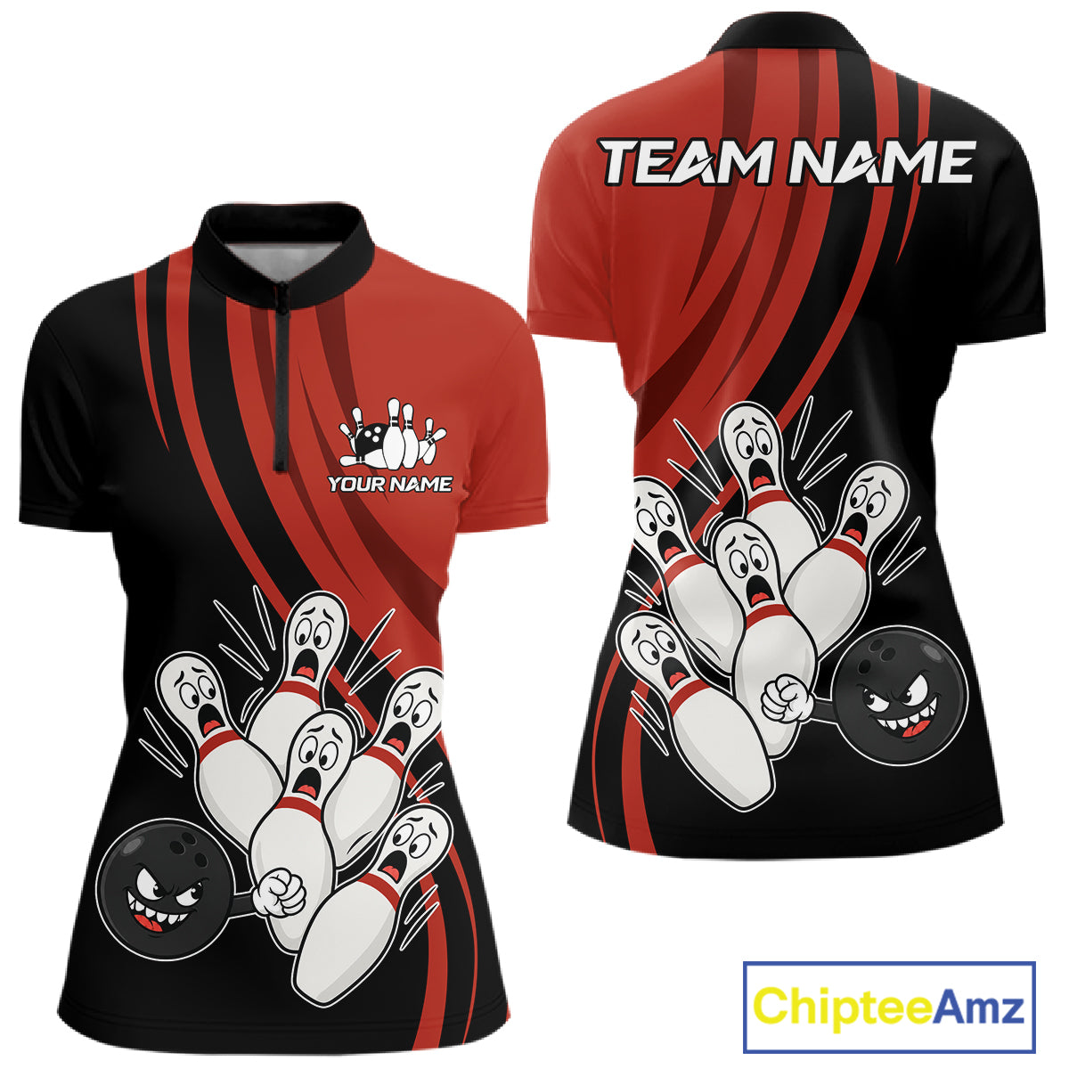 Funny Bowling Ball And Pins Black And Red Bowling Jersey For Women Custom Bowling League Team Shirts TDM7593