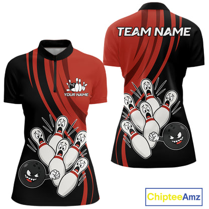 Funny Bowling Ball And Pins Black And Red Bowling Jersey For Women Custom Bowling League Team Shirts TDM7593