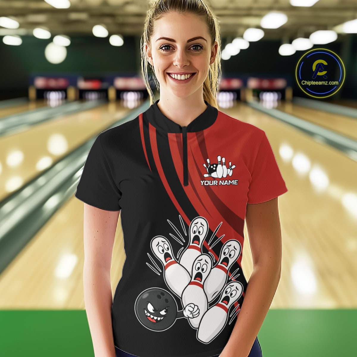 Funny Bowling Ball And Pins Black And Red Bowling Jersey For Women Custom Bowling League Team Shirts TDM7593