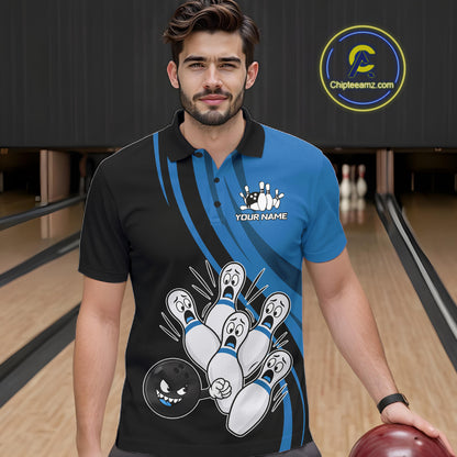 Funny Bowling Ball And Pins Black And Blue Bowling Shirts For Men Custom Bowling Team Jersey TDM7594