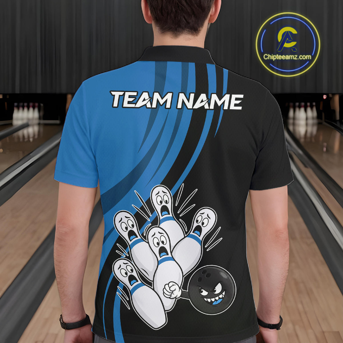 Funny Bowling Ball And Pins Black And Blue Bowling Shirts For Men Custom Bowling Team Jersey TDM7594