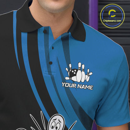 Funny Bowling Ball And Pins Black And Blue Bowling Shirts For Men Custom Bowling Team Jersey TDM7594