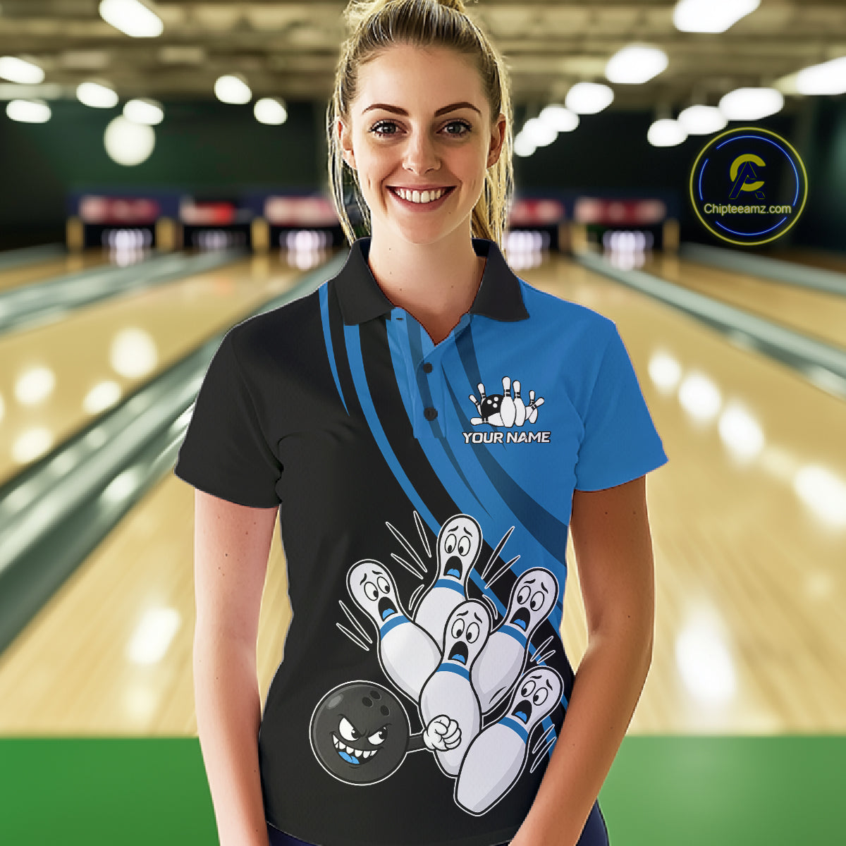 Funny Bowling Ball And Pins Black And Blue Bowling Shirts For Women Custom Bowling Team Jersey TDM7594