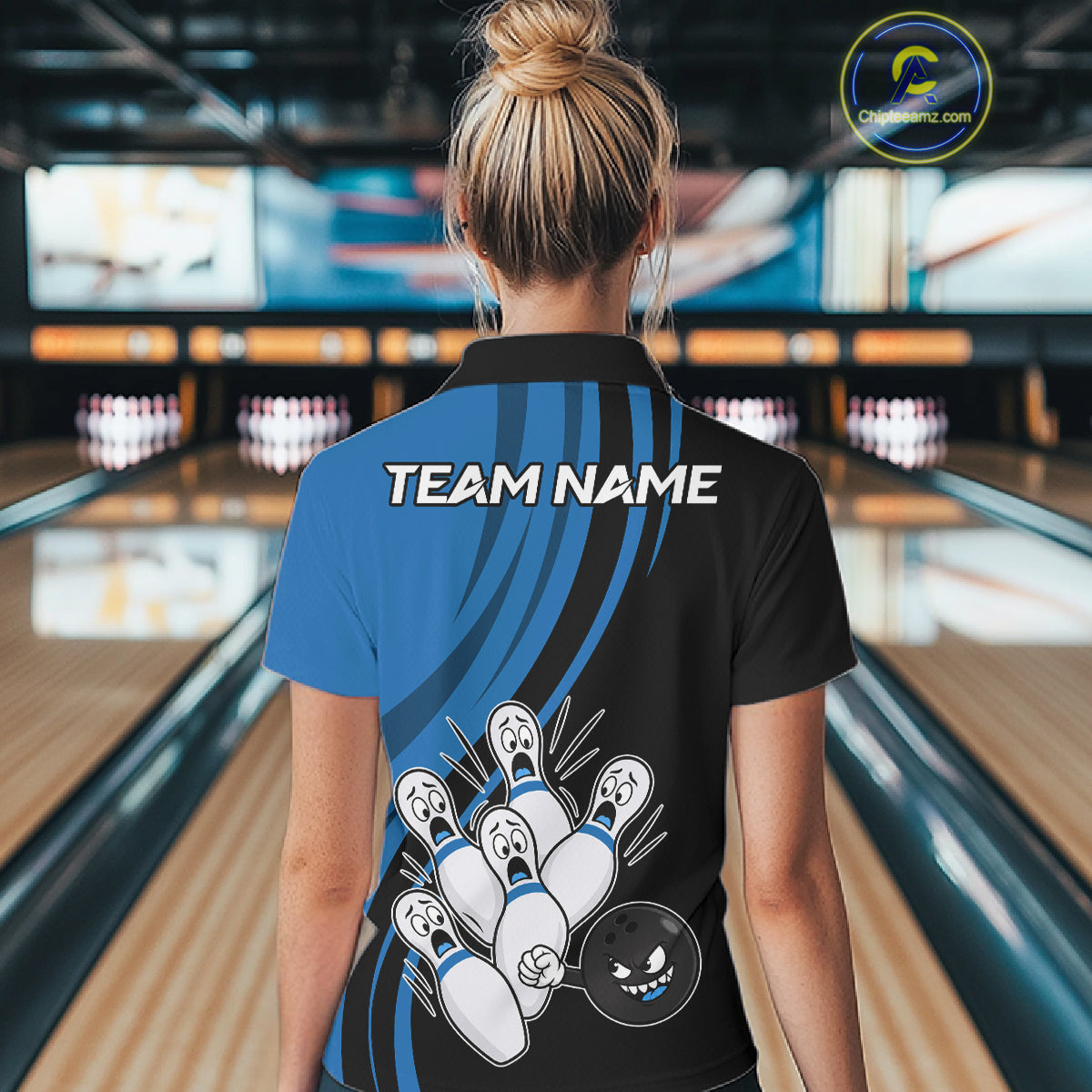 Funny Bowling Ball And Pins Black And Blue Bowling Shirts For Women Custom Bowling Team Jersey TDM7594