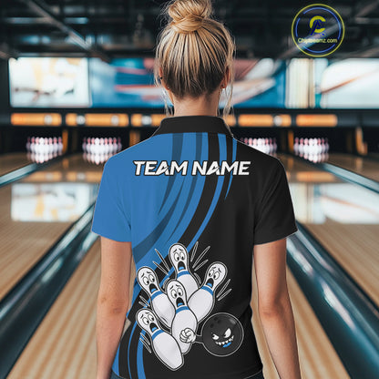 Funny Bowling Ball And Pins Black And Blue Bowling Shirts For Women Custom Bowling Team Jersey TDM7594