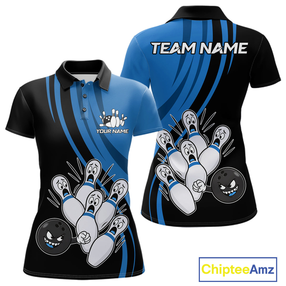 Funny Bowling Ball And Pins Black And Blue Bowling Shirts For Women Custom Bowling Team Jersey TDM7594