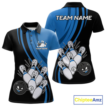 Funny Bowling Ball And Pins Black And Blue Bowling Shirts For Women Custom Bowling Team Jersey TDM7594