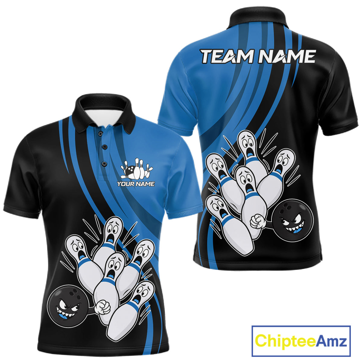Funny Bowling Ball And Pins Black And Blue Bowling Shirts For Men Custom Bowling Team Jersey TDM7594