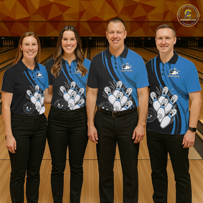 Funny Bowling Ball And Pins Black And Blue Bowling Shirts For Men Custom Bowling Team Jersey TDM7594