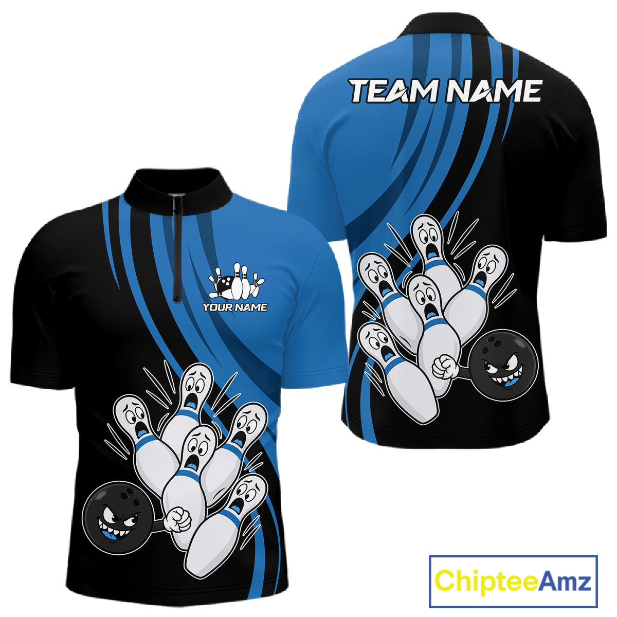 Funny Bowling Ball And Pins Black And Blue Bowling Shirts For Men Custom Bowling Team Jersey TDM7594