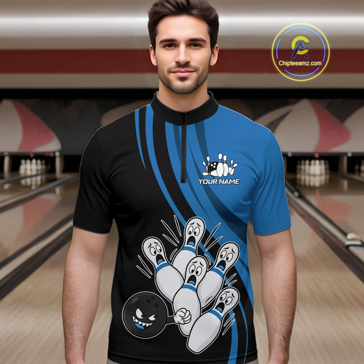 Funny Bowling Ball And Pins Black And Blue Bowling Shirts For Men Custom Bowling Team Jersey TDM7594