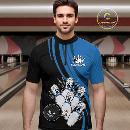 Funny Bowling Ball And Pins Black And Blue Bowling Shirts For Men Custom Bowling Team Jersey TDM7594