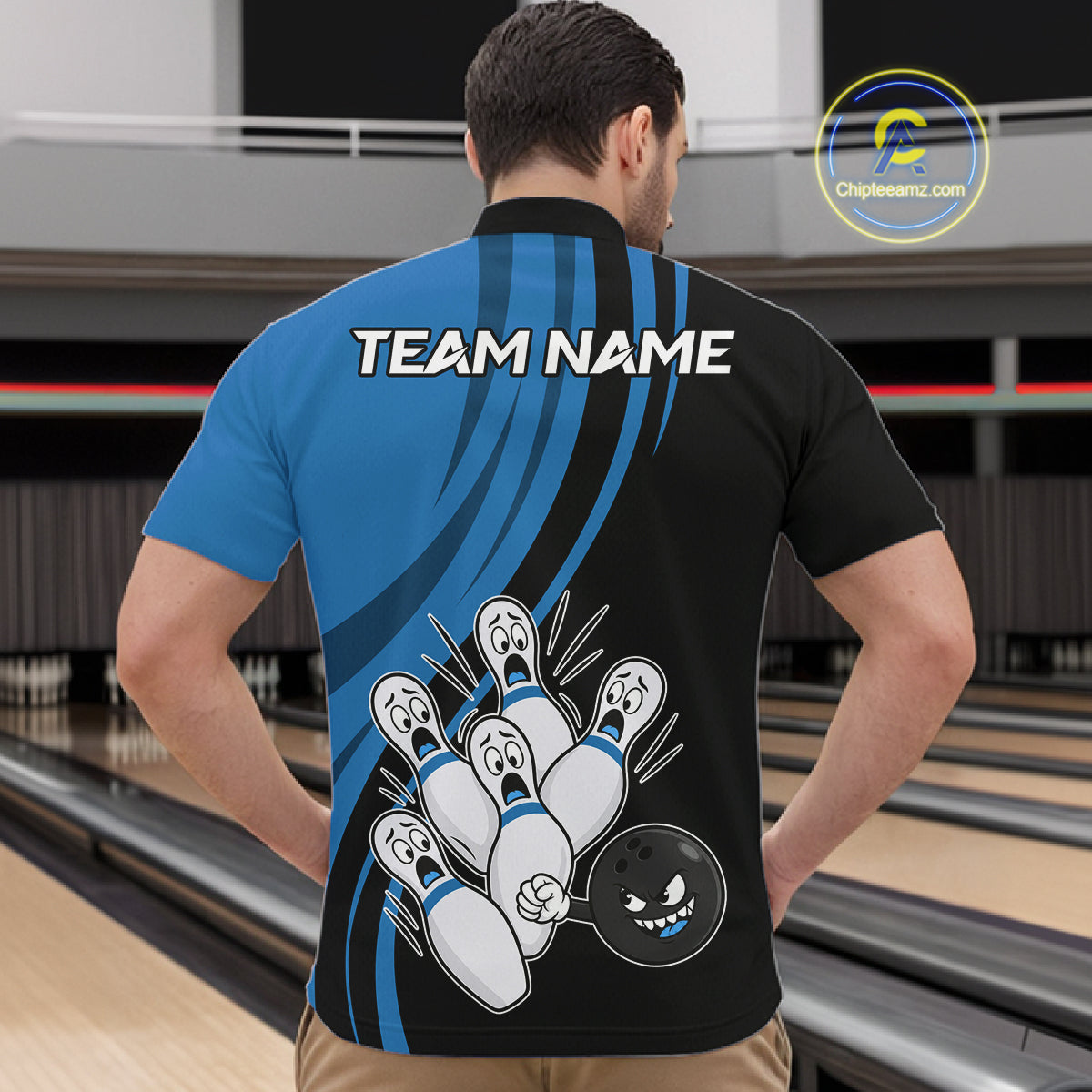 Funny Bowling Ball And Pins Black And Blue Bowling Shirts For Men Custom Bowling Team Jersey TDM7594