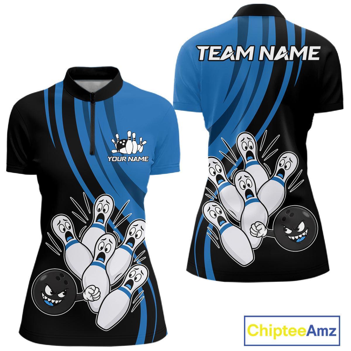 Funny Bowling Ball And Pins Black And Blue Bowling Shirts For Women Custom Bowling Team Jersey TDM7594