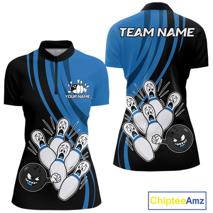 Funny Bowling Ball And Pins Black And Blue Bowling Shirts For Women Custom Bowling Team Jersey TDM7594