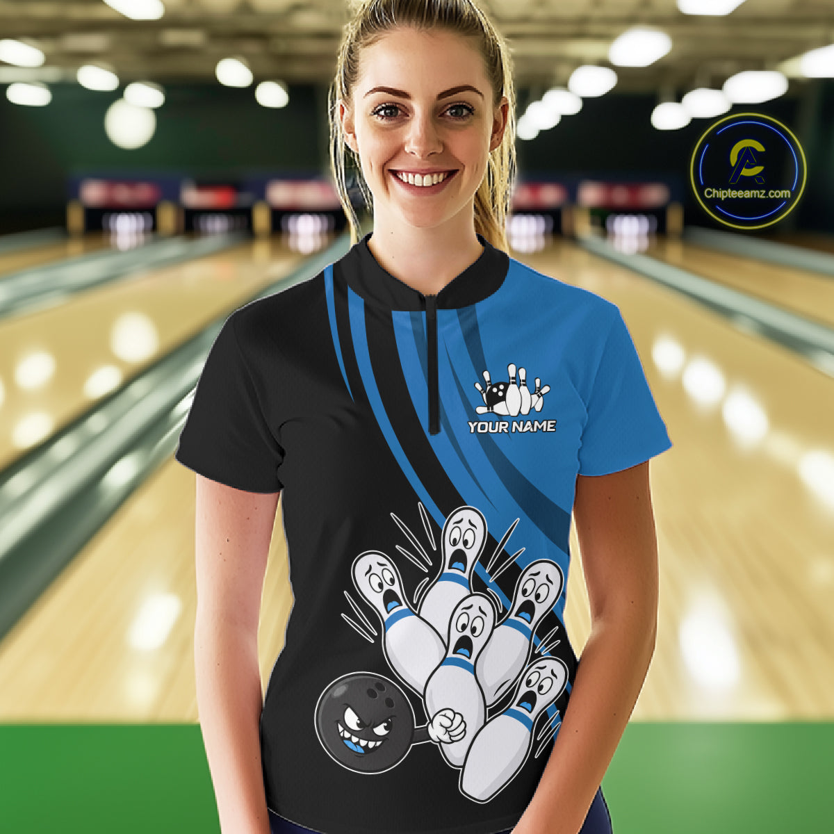 Funny Bowling Ball And Pins Black And Blue Bowling Shirts For Women Custom Bowling Team Jersey TDM7594