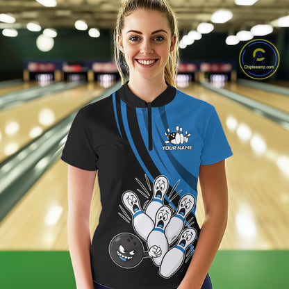 Funny Bowling Ball And Pins Black And Blue Bowling Shirts For Women Custom Bowling Team Jersey TDM7594