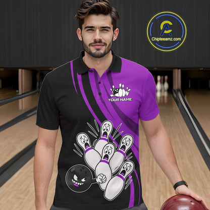 Funny Bowling Ball And Pins Black And Purple Bowling Shirts For Men Custom Bowling Team Jersey TDM7595