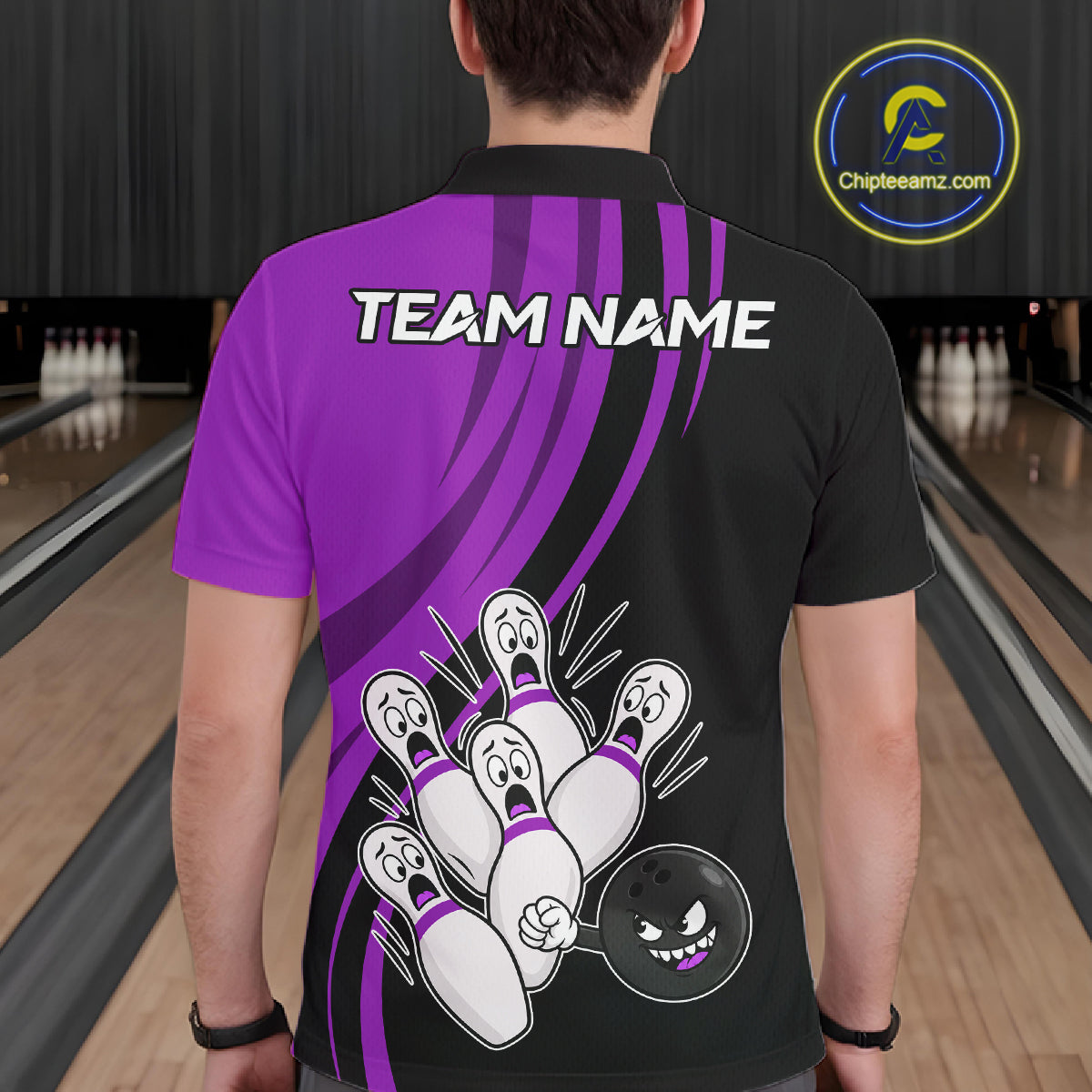 Funny Bowling Ball And Pins Black And Purple Bowling Shirts For Men Custom Bowling Team Jersey TDM7595