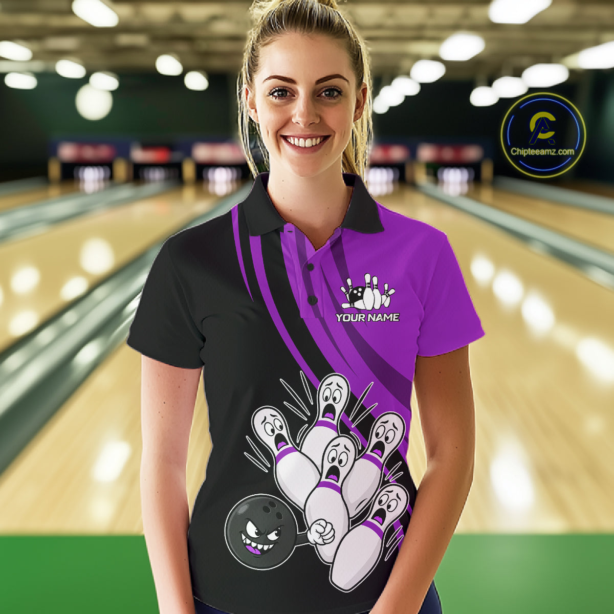Funny Bowling Ball And Pins Black And Purple Bowling Shirts For Women Custom Bowling Team Jersey TDM7595