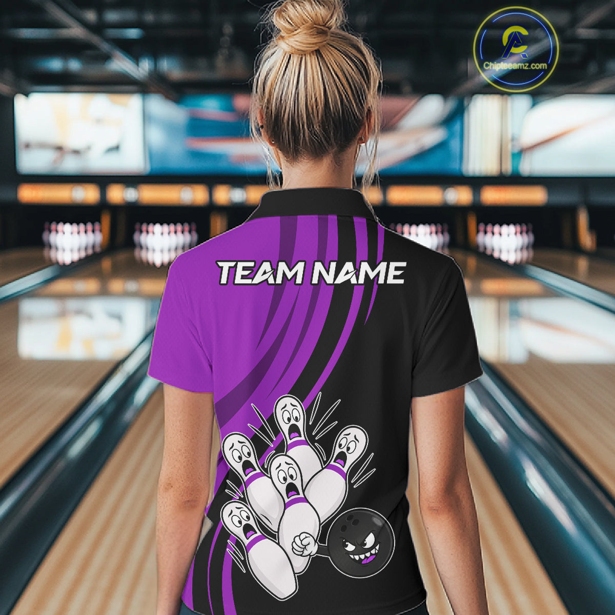 Funny Bowling Ball And Pins Black And Purple Bowling Shirts For Women Custom Bowling Team Jersey TDM7595