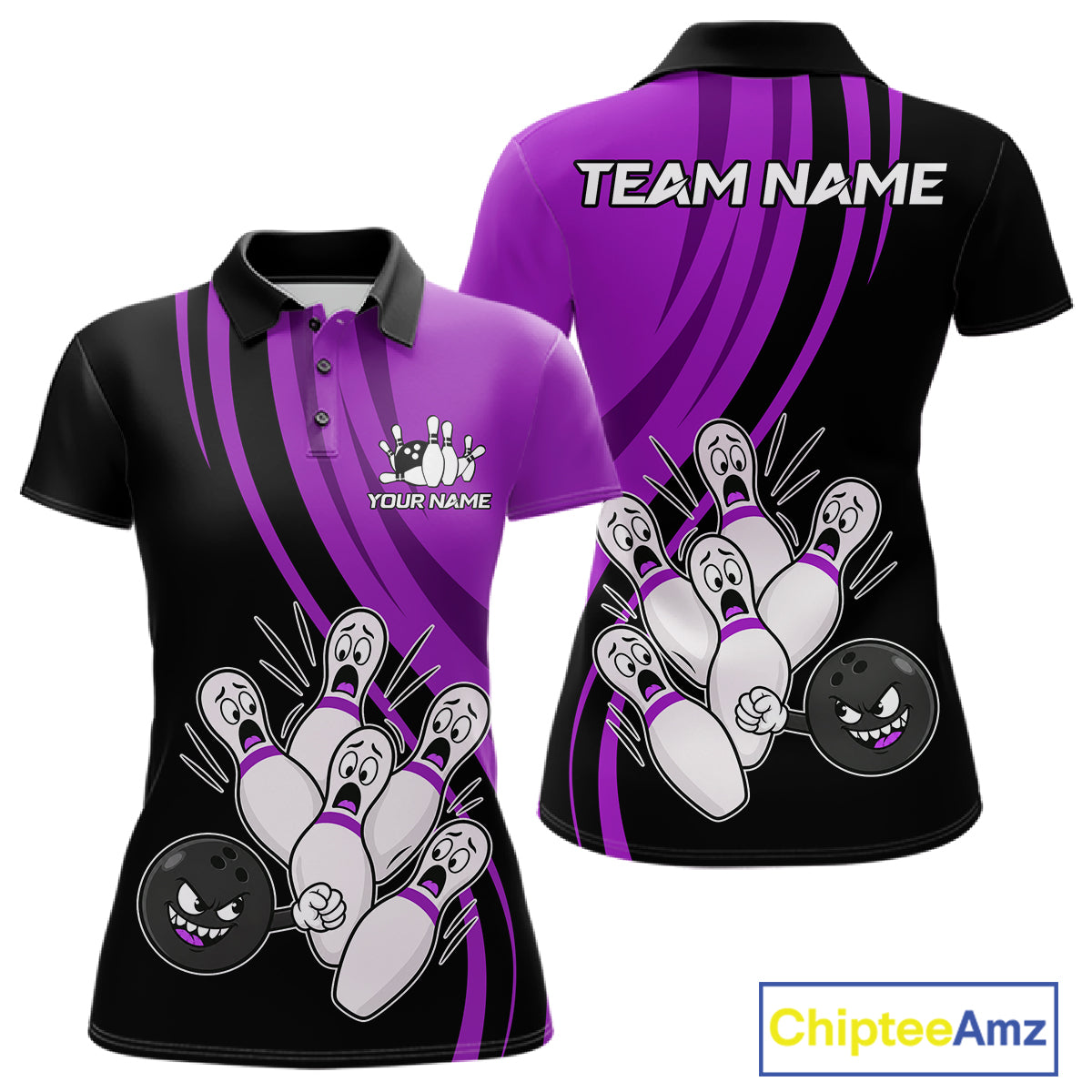 Funny Bowling Ball And Pins Black And Purple Bowling Shirts For Women Custom Bowling Team Jersey TDM7595