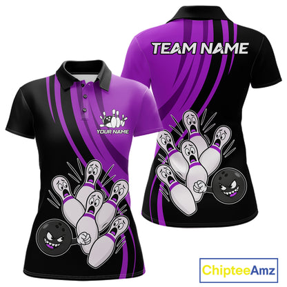 Funny Bowling Ball And Pins Black And Purple Bowling Shirts For Women Custom Bowling Team Jersey TDM7595
