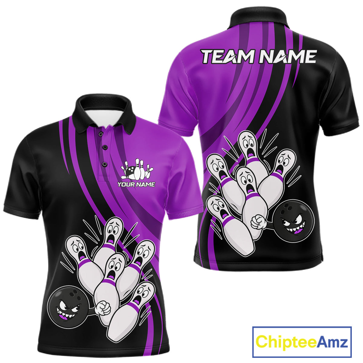 Funny Bowling Ball And Pins Black And Purple Bowling Shirts For Men Custom Bowling Team Jersey TDM7595