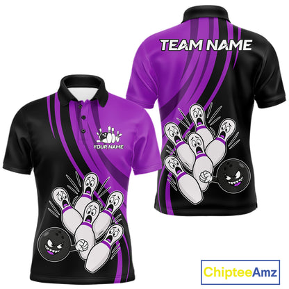 Funny Bowling Ball And Pins Black And Purple Bowling Shirts For Men Custom Bowling Team Jersey TDM7595