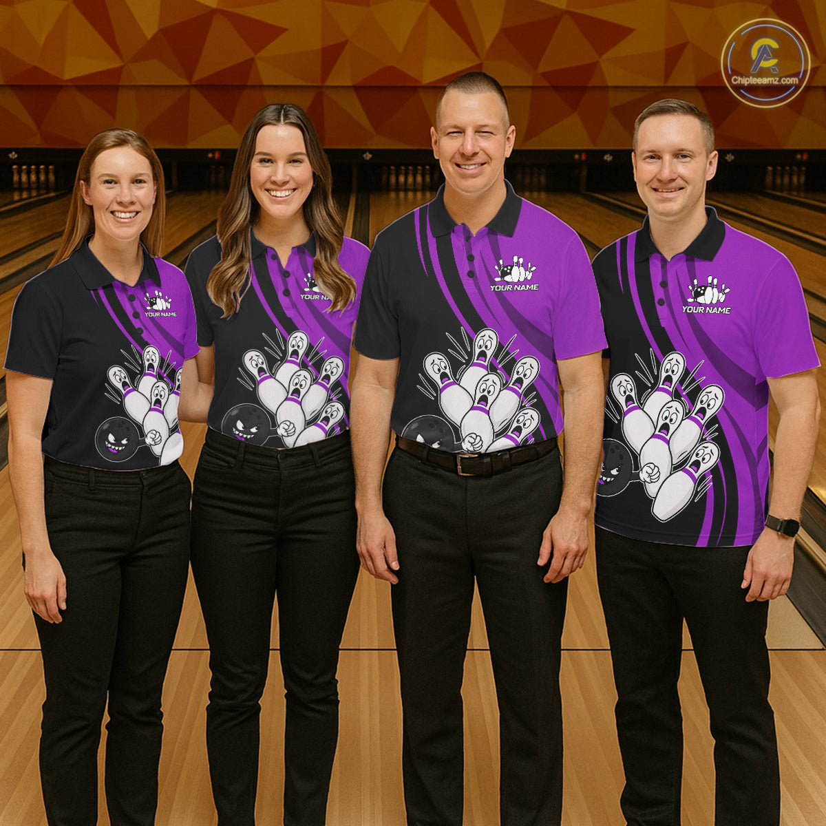 Funny Bowling Ball And Pins Black And Purple Bowling Shirts For Men Custom Bowling Team Jersey TDM7595