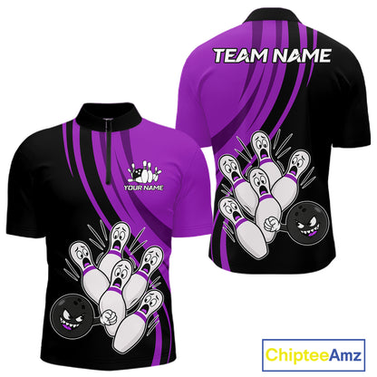 Funny Bowling Ball And Pins Black And Purple Bowling Shirts For Men Custom Bowling Team Jersey TDM7595