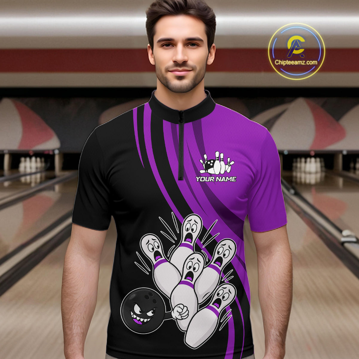 Funny Bowling Ball And Pins Black And Purple Bowling Shirts For Men Custom Bowling Team Jersey TDM7595