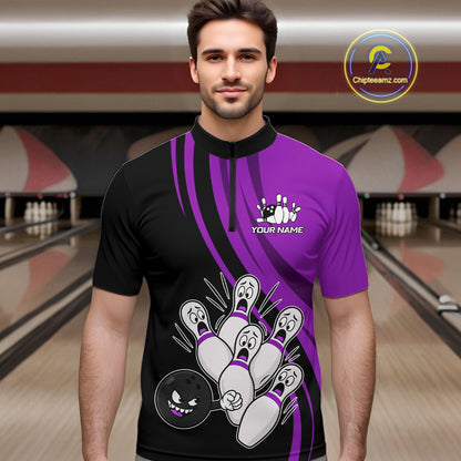 Funny Bowling Ball And Pins Black And Purple Bowling Shirts For Men Custom Bowling Team Jersey TDM7595