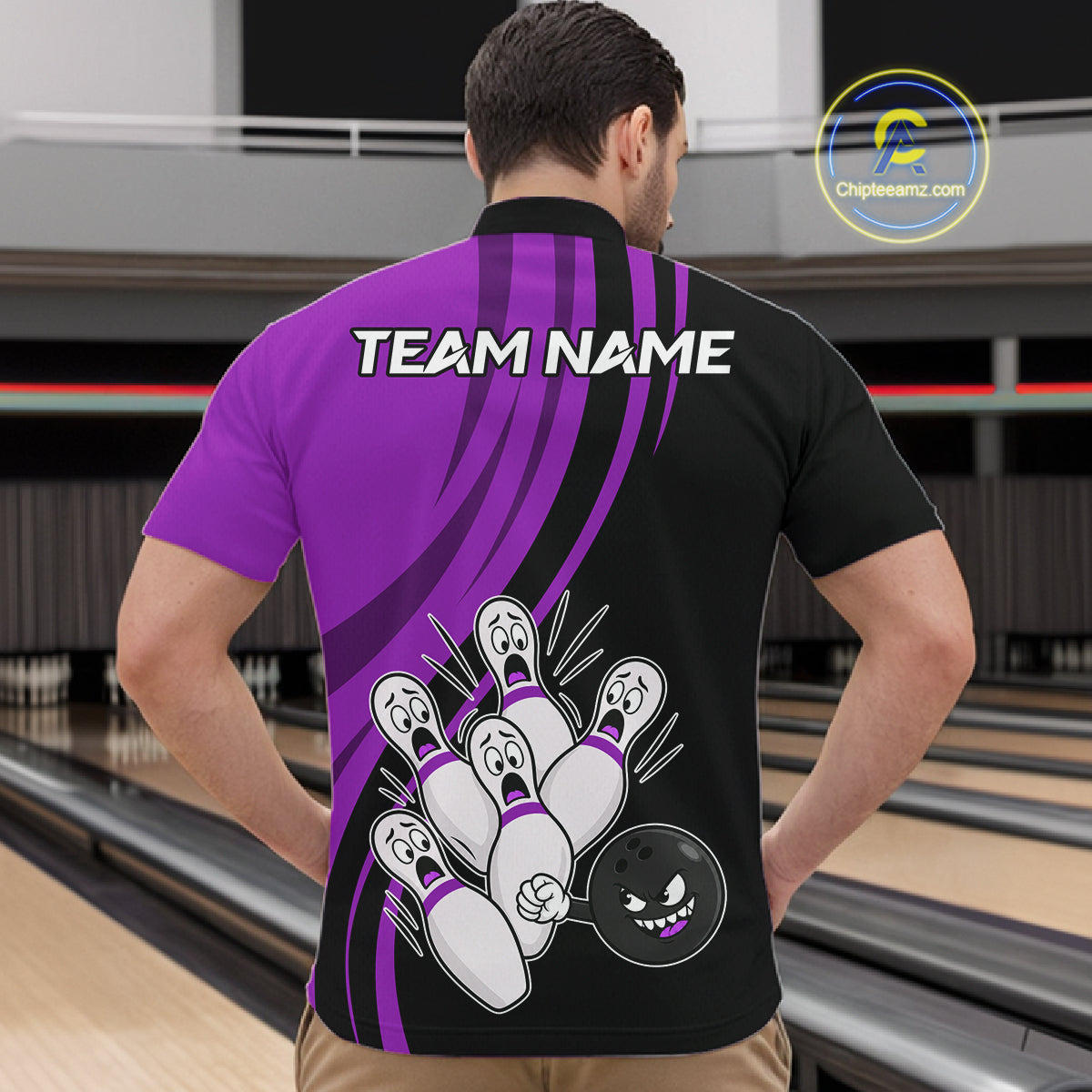 Funny Bowling Ball And Pins Black And Purple Bowling Shirts For Men Custom Bowling Team Jersey TDM7595
