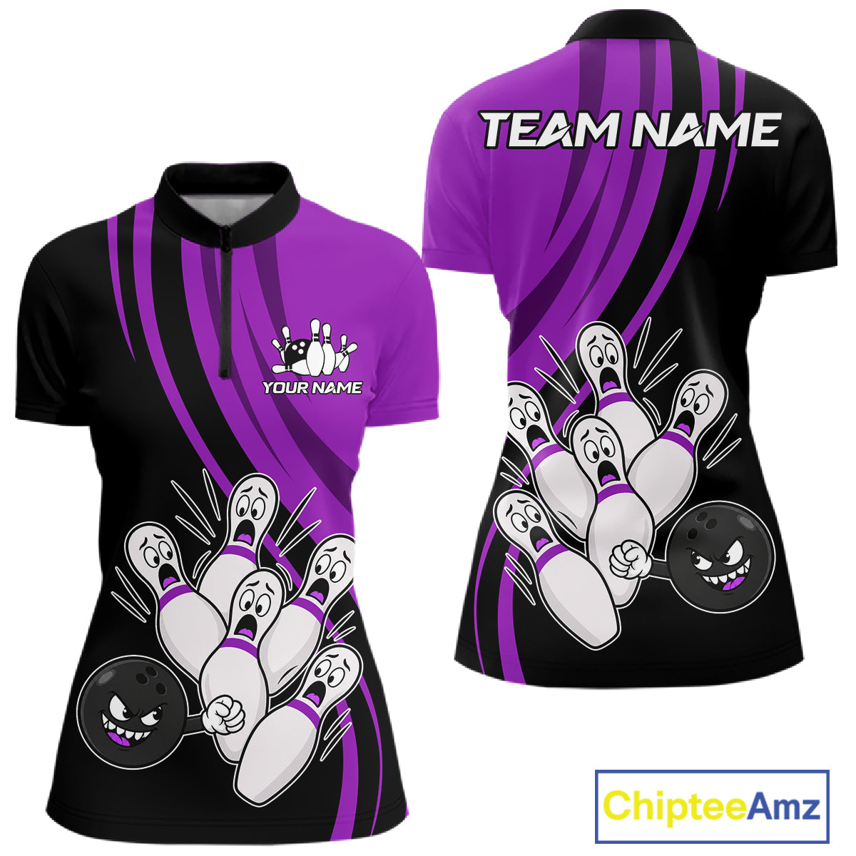 Funny Bowling Ball And Pins Black And Purple Bowling Shirts For Women Custom Bowling Team Jersey TDM7595