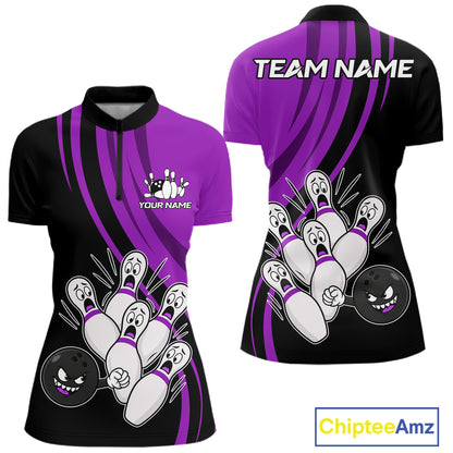 Funny Bowling Ball And Pins Black And Purple Bowling Shirts For Women Custom Bowling Team Jersey TDM7595