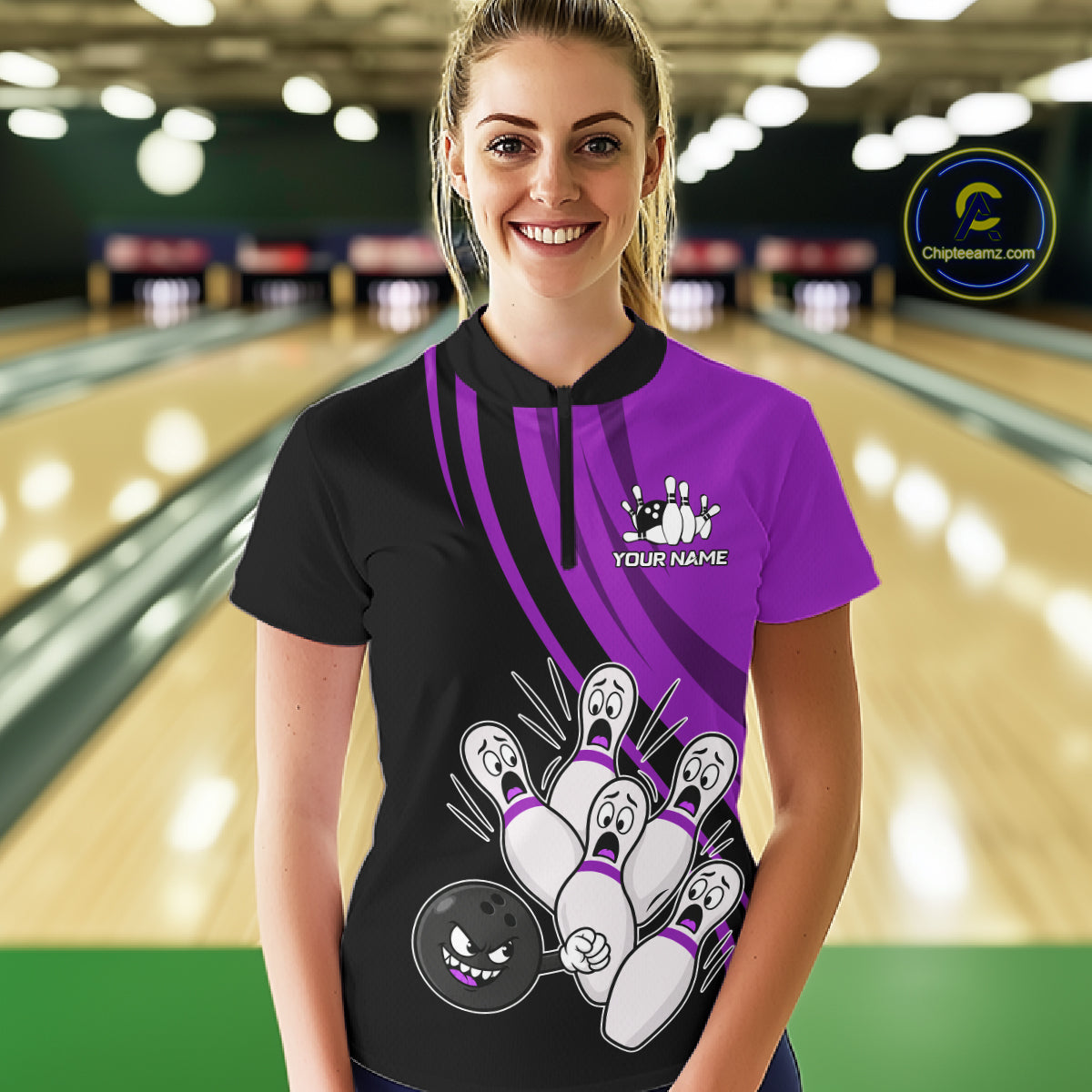 Funny Bowling Ball And Pins Black And Purple Bowling Shirts For Women Custom Bowling Team Jersey TDM7595