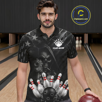 Black US Flag Grim Reaper Smoke Bowling Shirts For Men Custom Bowling Team Jersey Polo & 1/4 Zip TDM7600