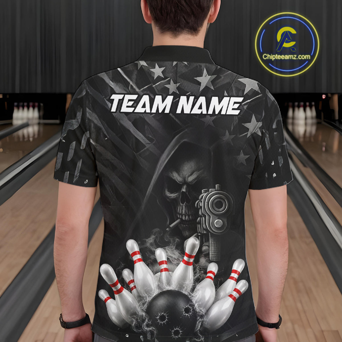 Black US Flag Grim Reaper Smoke Bowling Shirts For Men Custom Bowling Team Jersey Polo & 1/4 Zip TDM7600