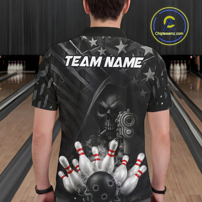 Black US Flag Grim Reaper Smoke Bowling Shirts For Men Custom Bowling Team Jersey Polo & 1/4 Zip TDM7600
