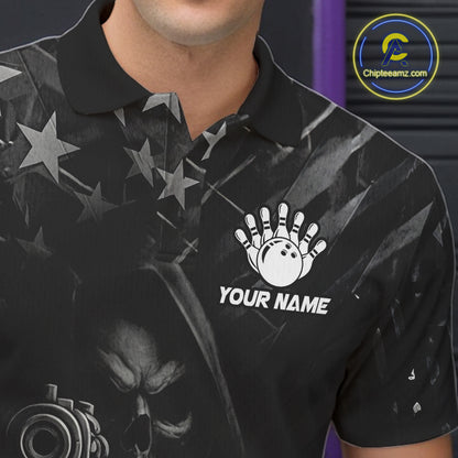 Black US Flag Grim Reaper Smoke Bowling Shirts For Men Custom Bowling Team Jersey Polo & 1/4 Zip TDM7600