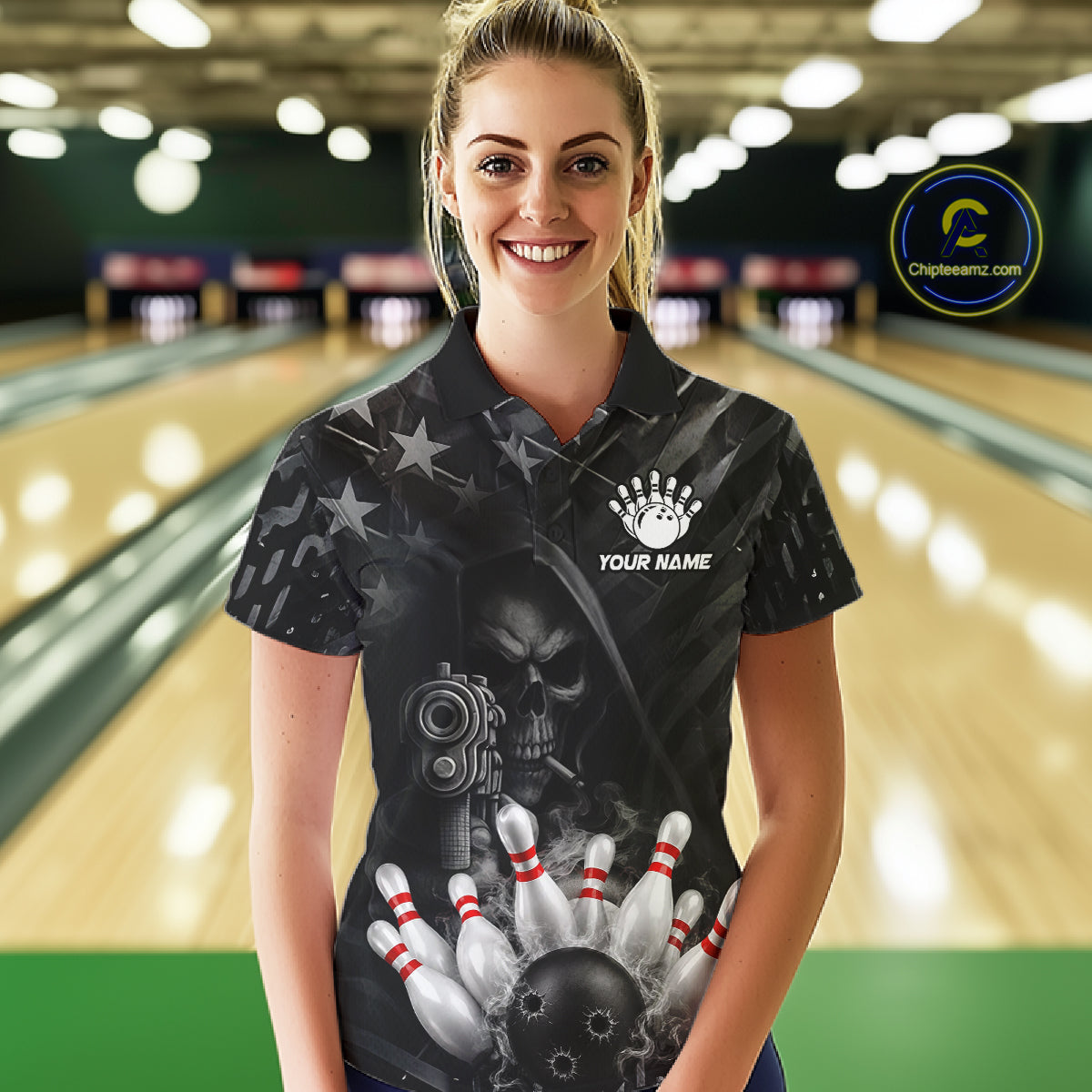 Black US Flag Grim Reaper Smoke Bowling Shirts For Women Custom Bowling Team Jersey Polo & 1/4 Zip TDM7600