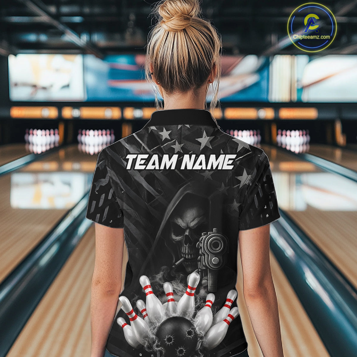 Black US Flag Grim Reaper Smoke Bowling Shirts For Women Custom Bowling Team Jersey Polo & 1/4 Zip TDM7600