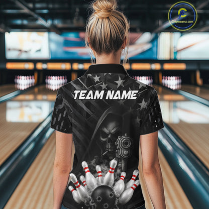 Black US Flag Grim Reaper Smoke Bowling Shirts For Women Custom Bowling Team Jersey Polo & 1/4 Zip TDM7600