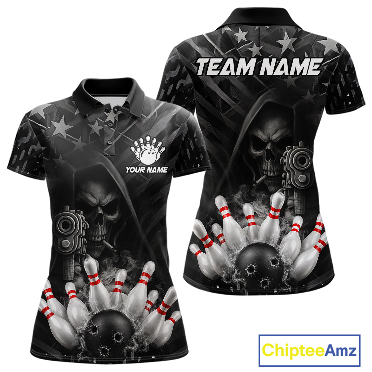 Black US Flag Grim Reaper Smoke Bowling Shirts For Women Custom Bowling Team Jersey Polo & 1/4 Zip TDM7600