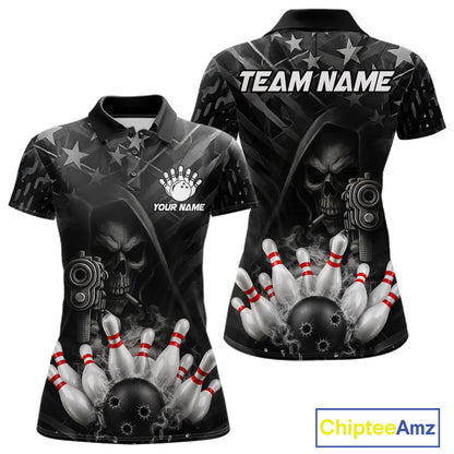 Black US Flag Grim Reaper Smoke Bowling Shirts For Women Custom Bowling Team Jersey Polo & 1/4 Zip TDM7600
