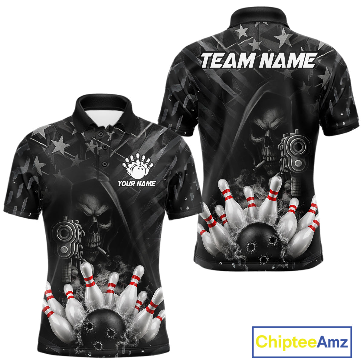 Black US Flag Grim Reaper Smoke Bowling Shirts For Men Custom Bowling Team Jersey Polo & 1/4 Zip TDM7600