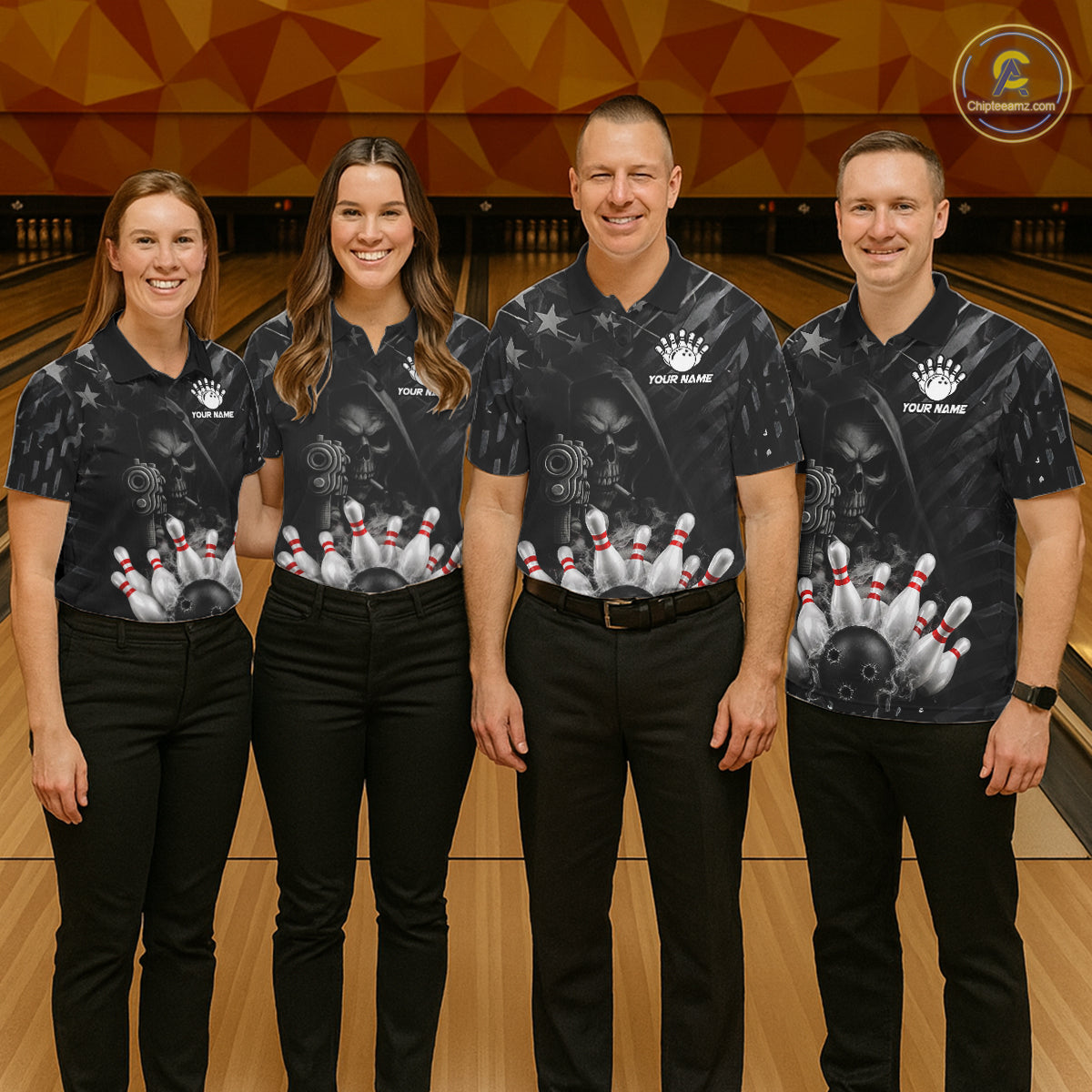 Black US Flag Grim Reaper Smoke Bowling Shirts For Men Custom Bowling Team Jersey Polo & 1/4 Zip TDM7600