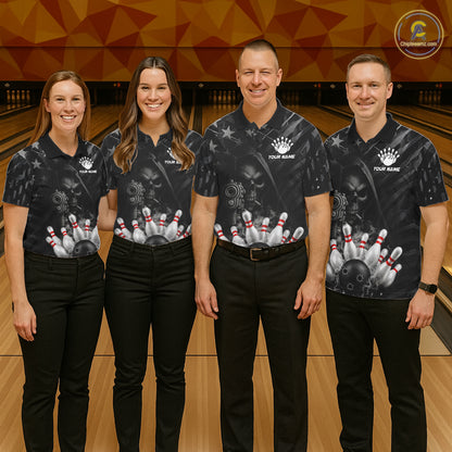 Black US Flag Grim Reaper Smoke Bowling Shirts For Men Custom Bowling Team Jersey Polo & 1/4 Zip TDM7600